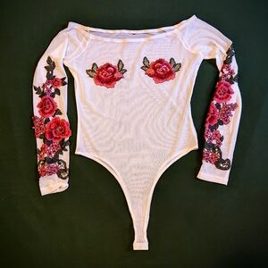Rose applique mesh bodysuit